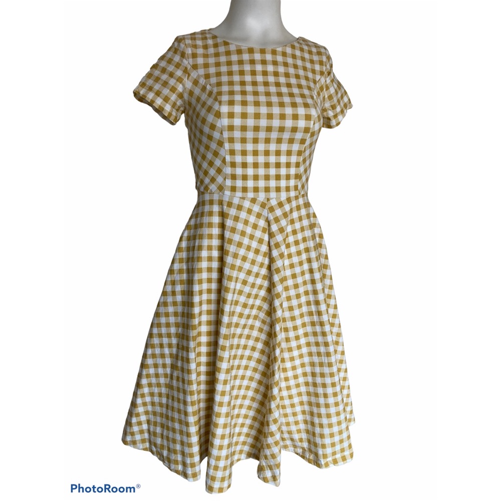 GownTown Retro 1950’s Gold Gingham Swing Party Dress Rockabilly Sz S